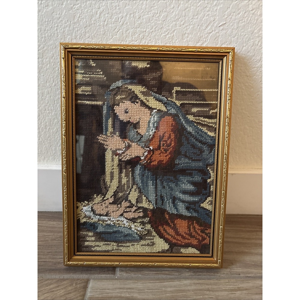 Antique‎ Framed Needlepoint Virgin Mary And Baby Jesus  12.75" x 9.75" Tapestry